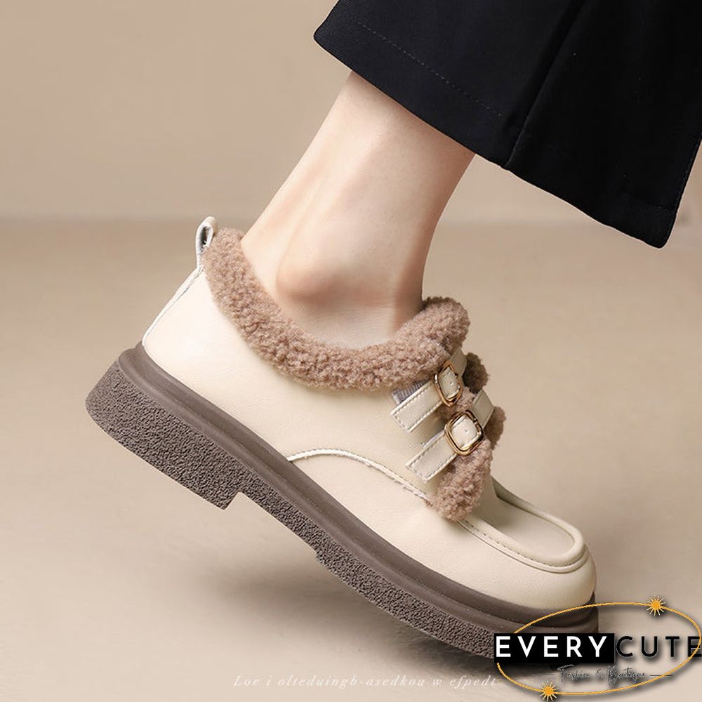 Women's Casual Solid Color Round Toe Mid Heel Plush Shoes