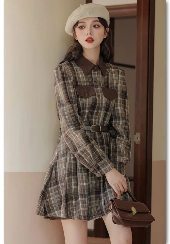 Foggy Skies Plaid Dark Academia Wool Dress