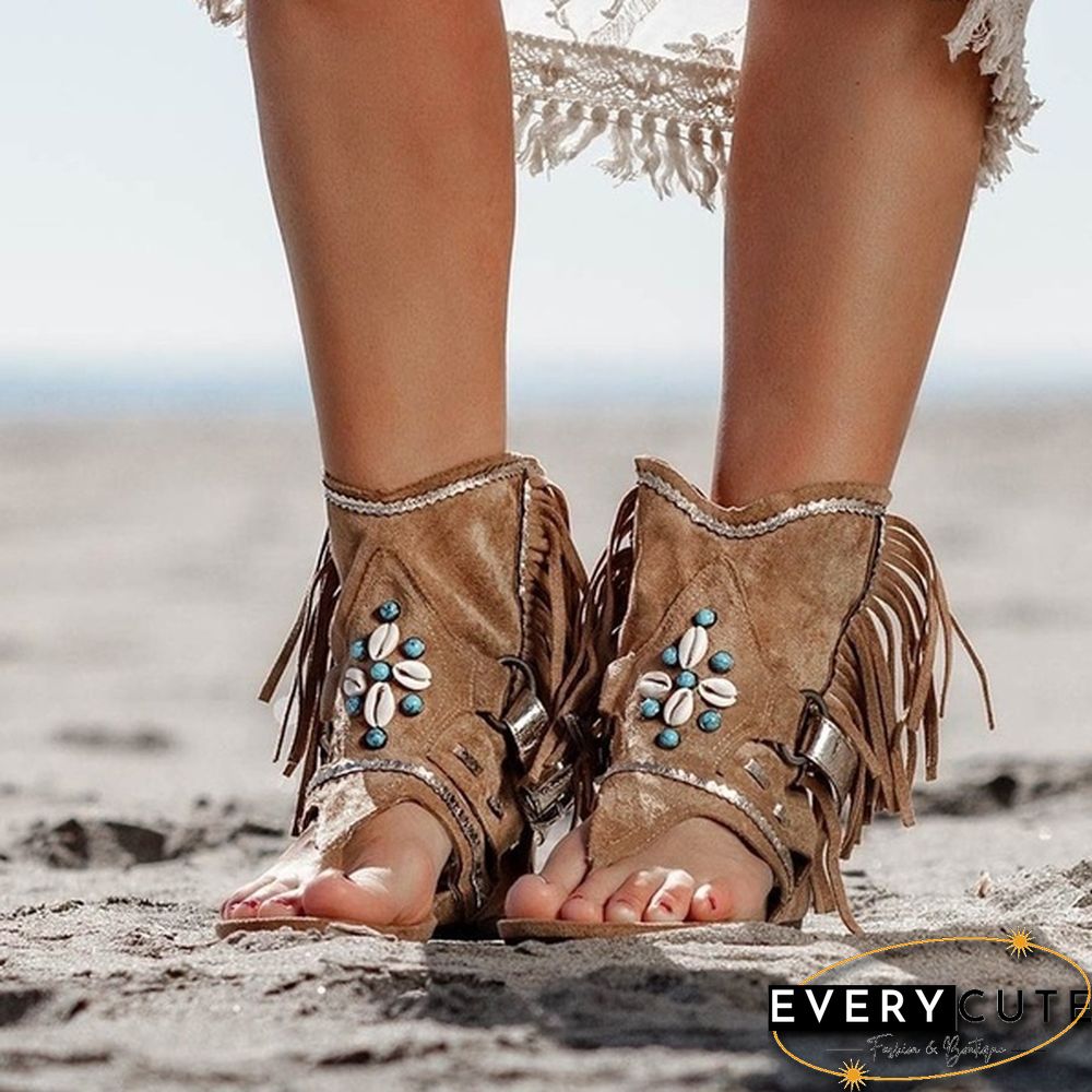 Women's Fashion Tassel Roman Boho Sandals Flock Retro Ankle Sandal Shoes Summer Flats Flip Flops Bohemian Beach Boot Shoes Plus Size