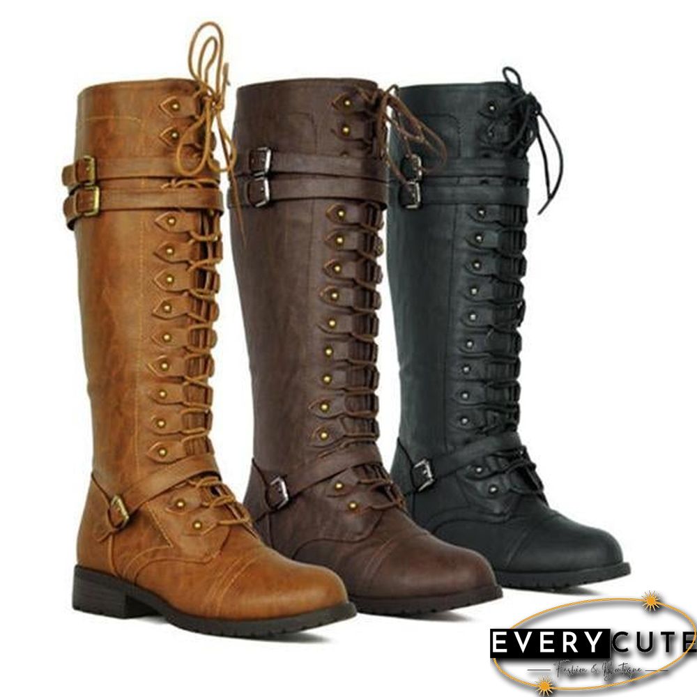 Autumn Winter Vintage Flat Lace Up Mid Calf Boots