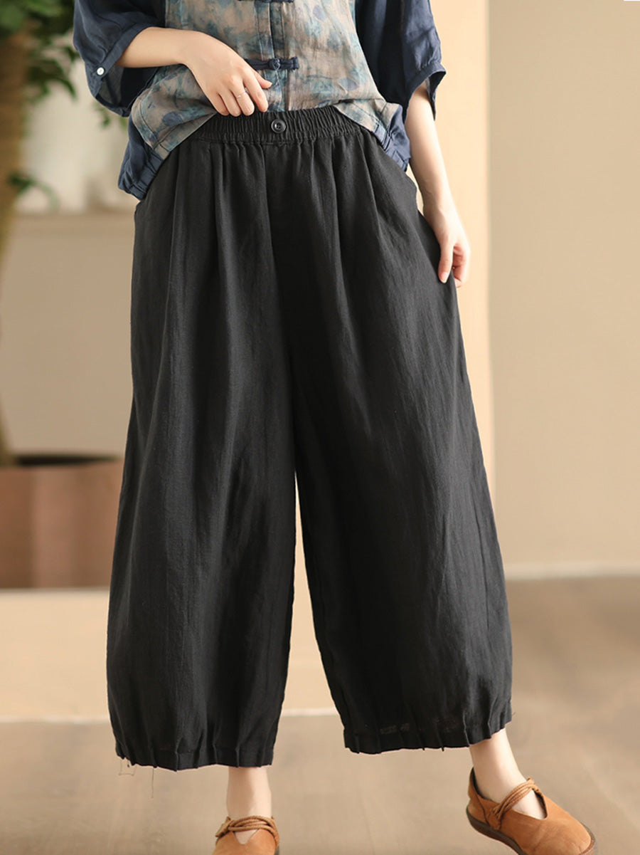 Women Summer Vintage Solid Linen Wide-leg Pants FD038