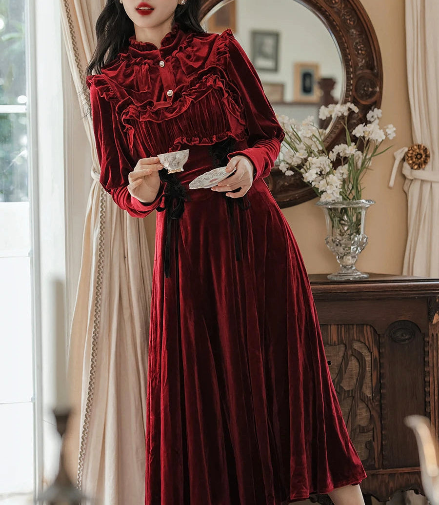 Ruby Victorian-Vintage-Academia Burgundy-Red Velvet Dress