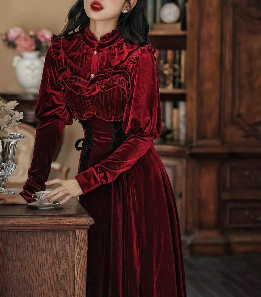 Ruby Victorian-Vintage-Academia Burgundy-Red Velvet Dress