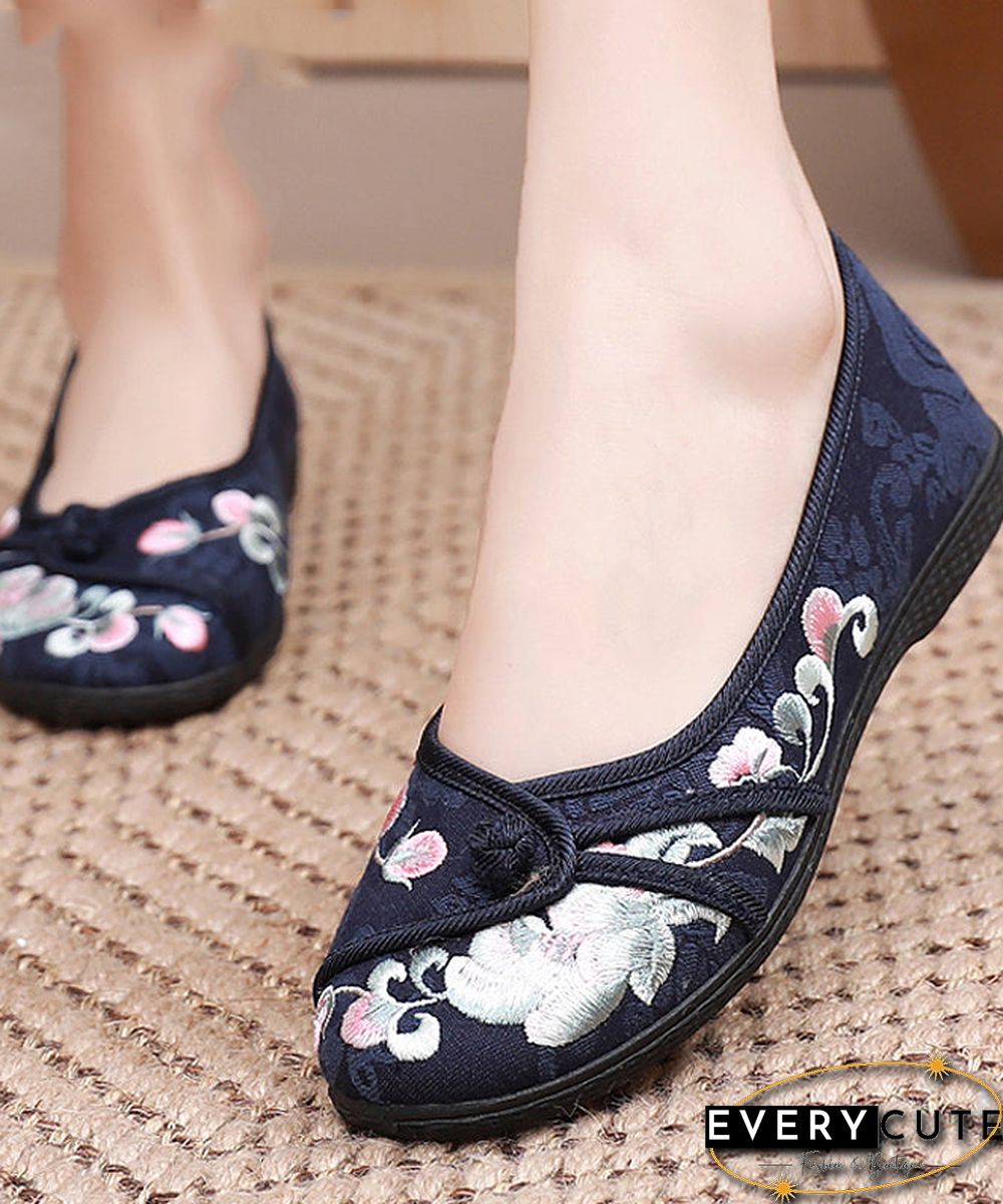 Comfy Blue Flats Embroideried Cotton Fabric Flat Shoes For Women