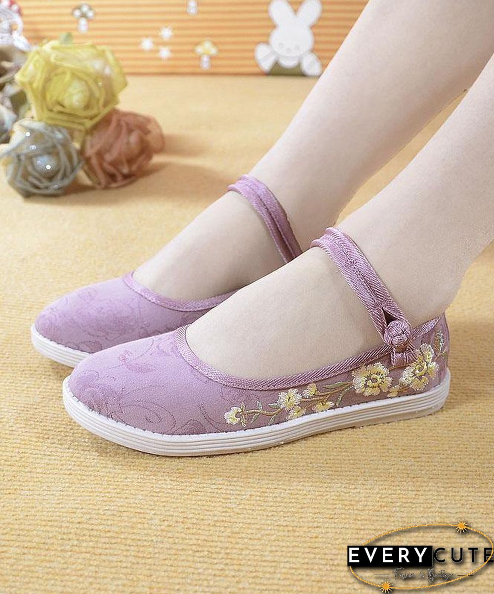 Beige Embroideried Cotton Fabric Flat Shoes Buckle Strap Flat Shoes