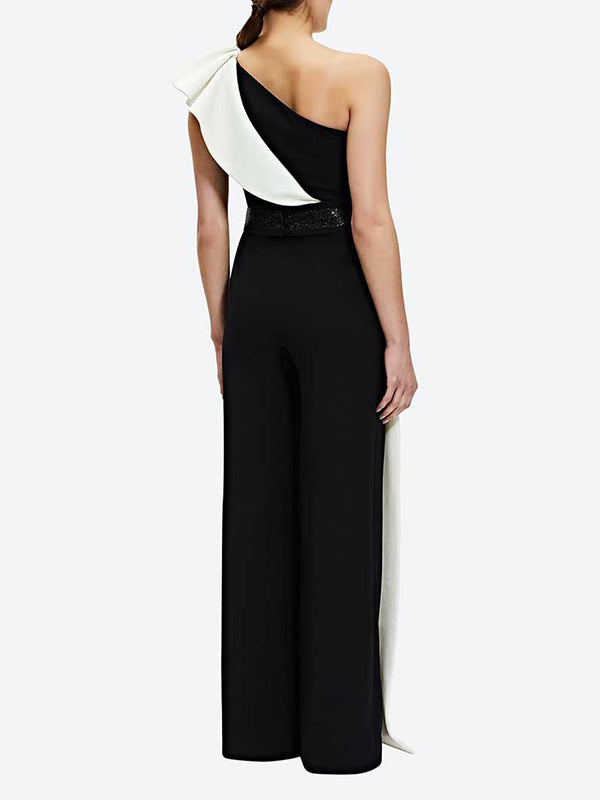 High Waisted Wide Leg Contrast Color Split-Joint One-Shoulder Jumpsuits