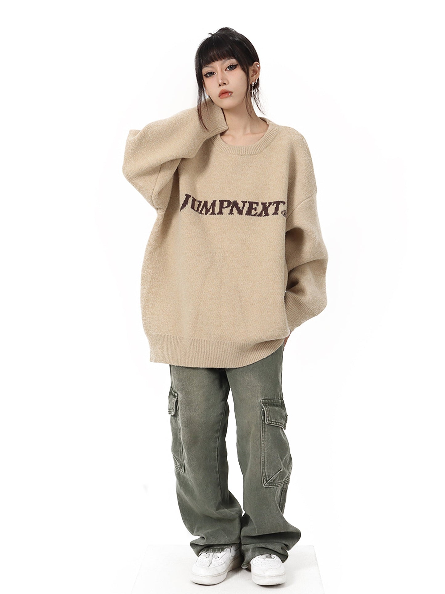 JUMP NEXT Logo Letter Print Loose Casual Long Sleeve Sweater