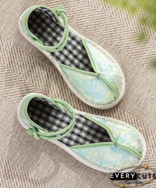 Green Flat Shoes For Women Cotton Fabric Splicing Buckle Strap Embroidery