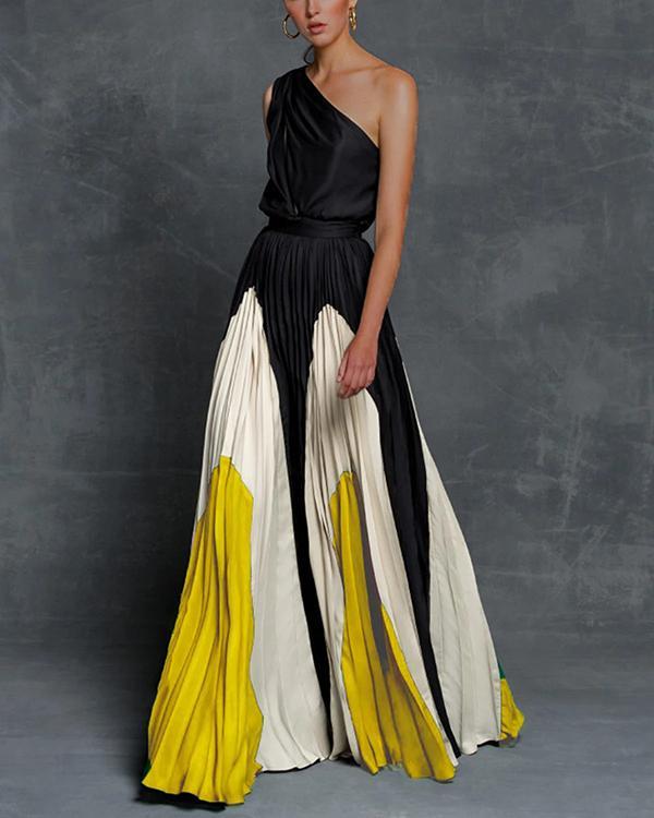 Off Shoulder Color Block Elegant Maxi Dresses