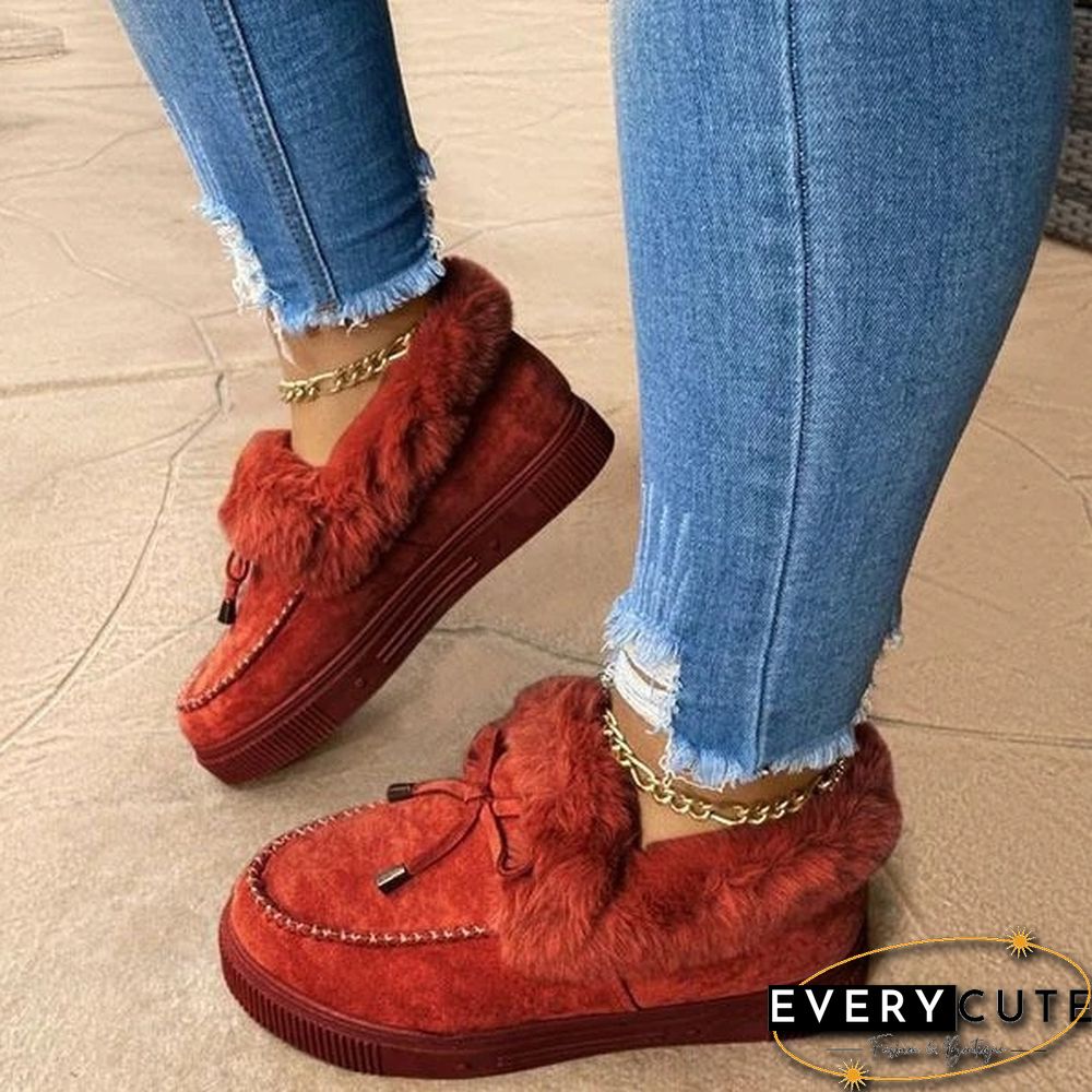 New Women Bowknot Suede Faux Fur Moccasin Shoes Warm Lightweight Slippers Non-Slip Platform Shoes Winter Cute Soft Snow Boots Casual Suede Flat Plush Shoes Comfortable Wearing Tenis Feminino