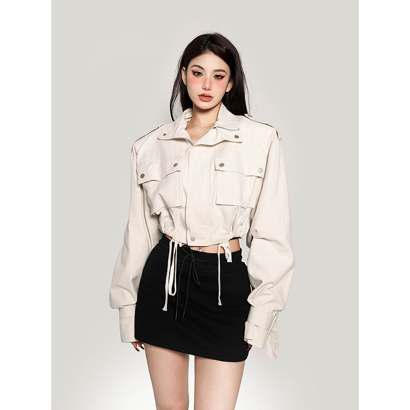 Seanna Solid Color Zip Up Multi-Pocket Long Sleeve Cropped Jacket