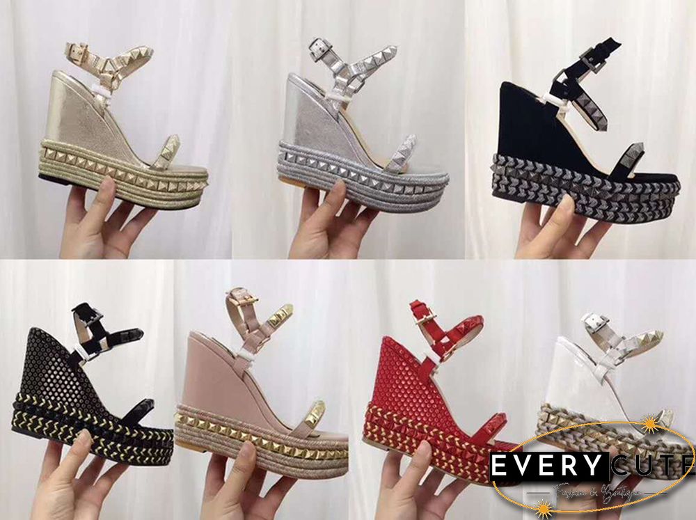 Rivet Wedges Sandals Waterproof Super High Heel Summer Women Shoes Ankle Buckle Round Open Toe Cut Out Silver Sandals