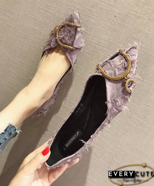 Women Zircon Splicing Pointed Toe Flat Shoes Purple Cotton Fabric