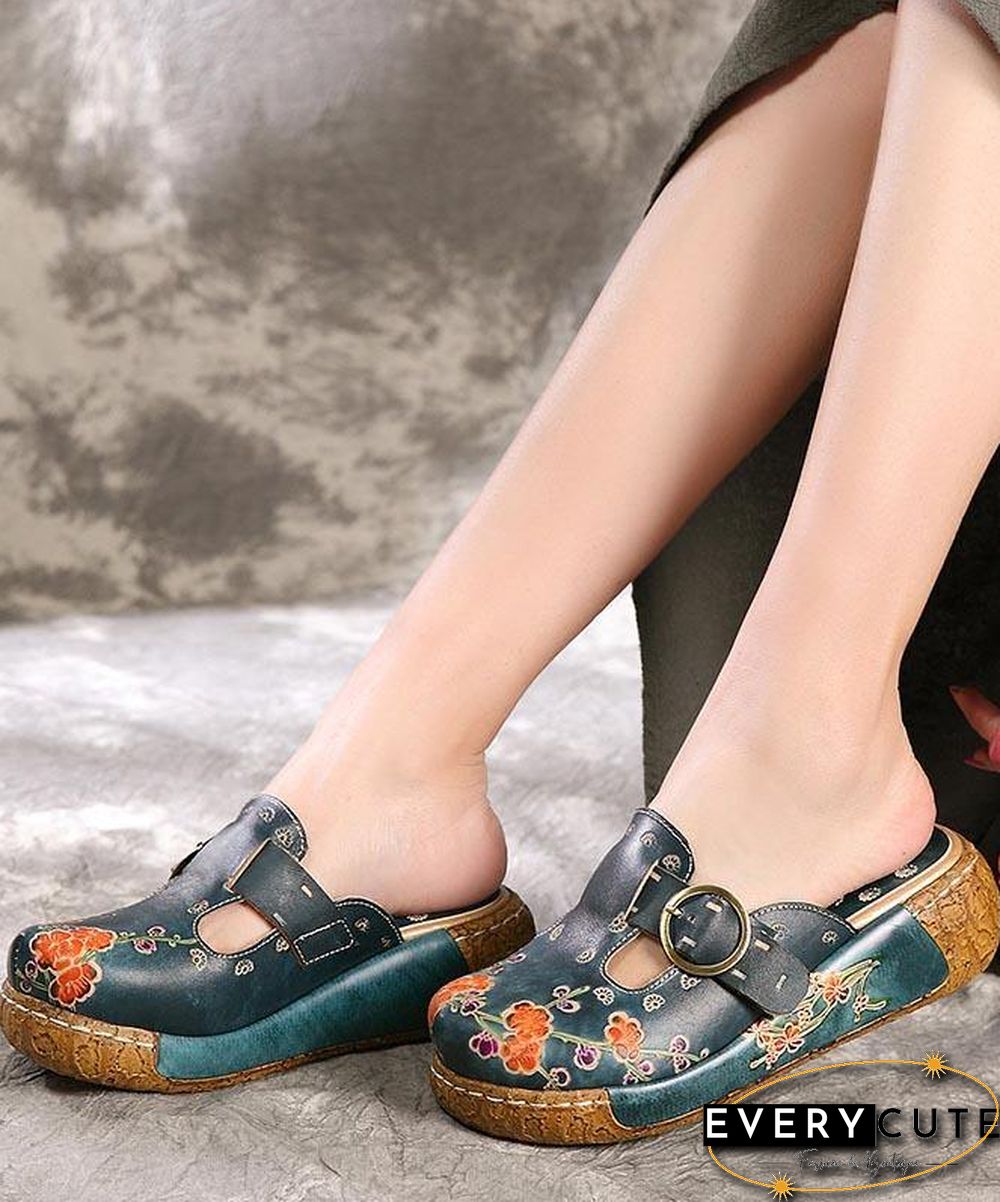 Unique Embossed Platform Slippers Shoes Blue Cowhide Leather