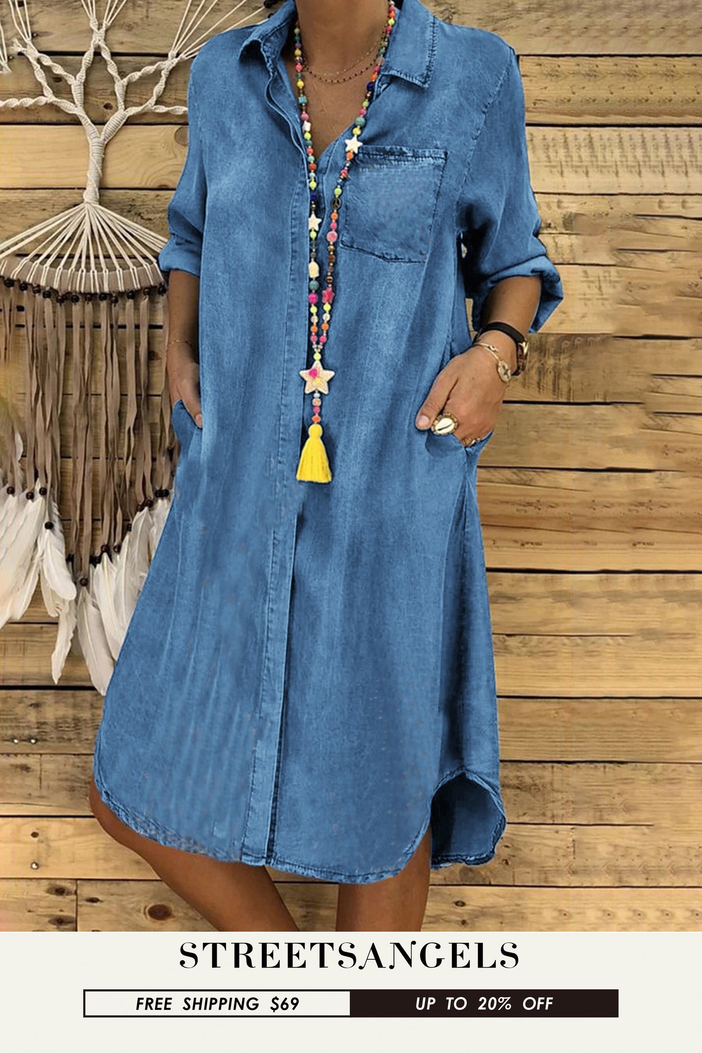 Fashion Solid Color Lapel Long Sleeve Loose Denim Casual Dress