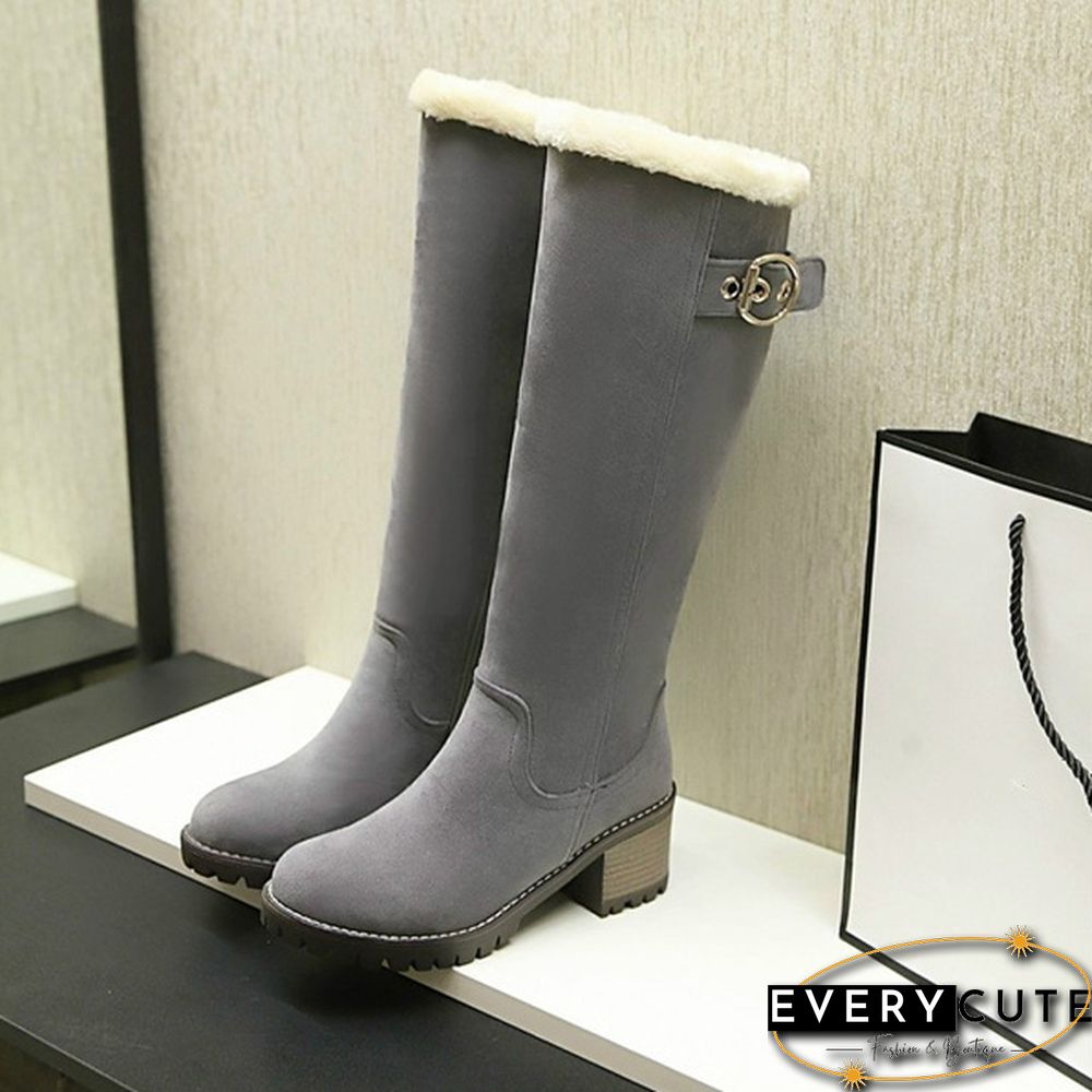 Fashion Women Knee High Snow Boots Warm Fur Nubuck Leather Tall Buckled Boots Winter Waterproof Chunky Heel Long Boots with Zipper