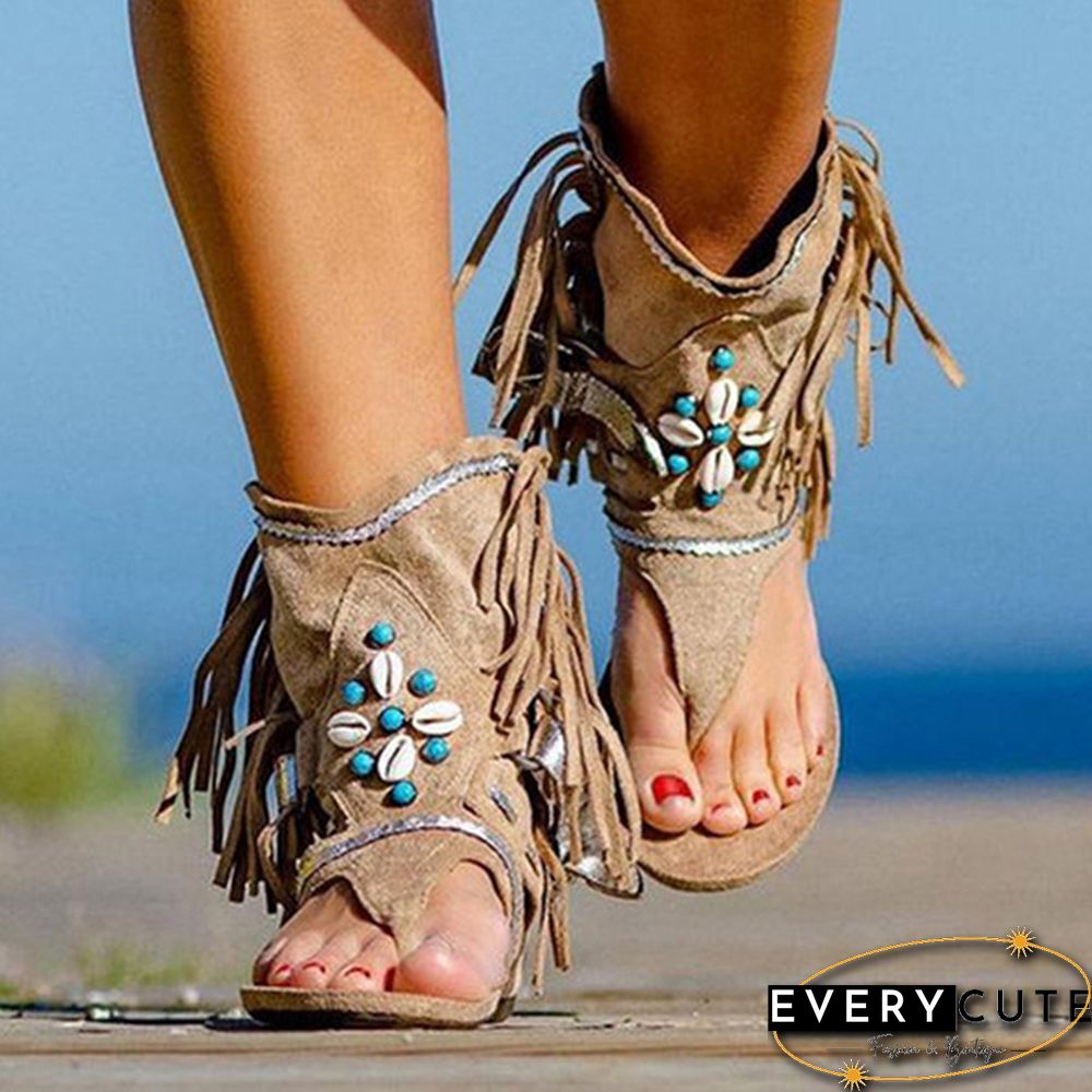 Women's Fashion Tassel Roman Boho Sandals Flock Retro Ankle Sandal Shoes Summer Flats Flip Flops Bohemian Beach Boot Shoes Plus Size