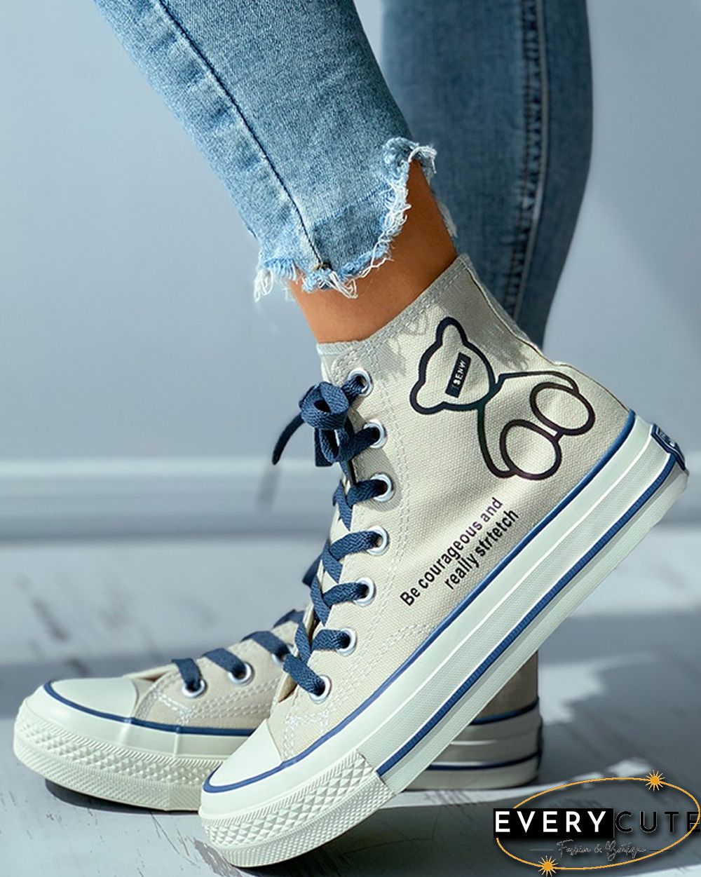 Bear Letter Print Reflective Eyelet Lace-up Canvas Shoes