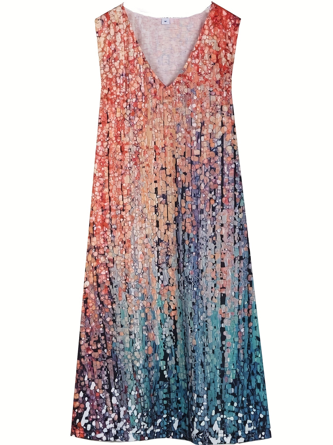 Plus Size Casual Tank Dress, Women's Plus Painting Print V Neck Slight Stretch Slight Dress