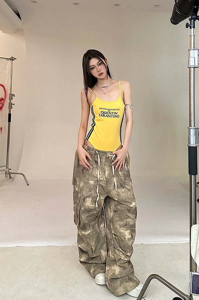 Alexis Brown Green Acid Wash Vintage Camouflage High Waist Straight Wide Leg Multi-Pocket Cargo Pleated Pants