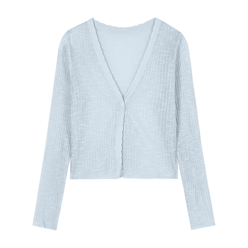 Chantelle Solid Color Ribbed V-Neck Long-Sleeved Knitted Cardigan Button Up Top