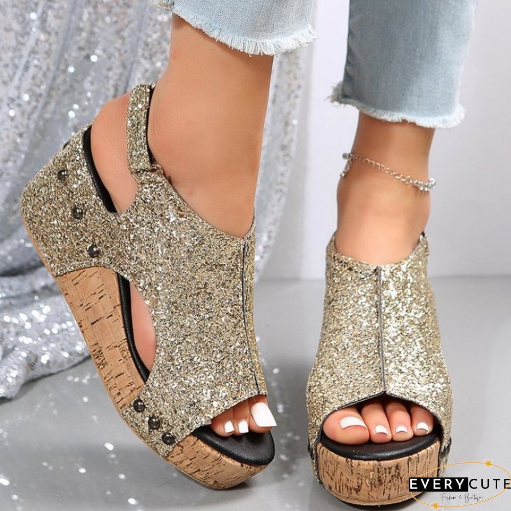 Black Casual Hollowed Out Sequins Patchwork Fish Mouth Out Door Wedges Shoes