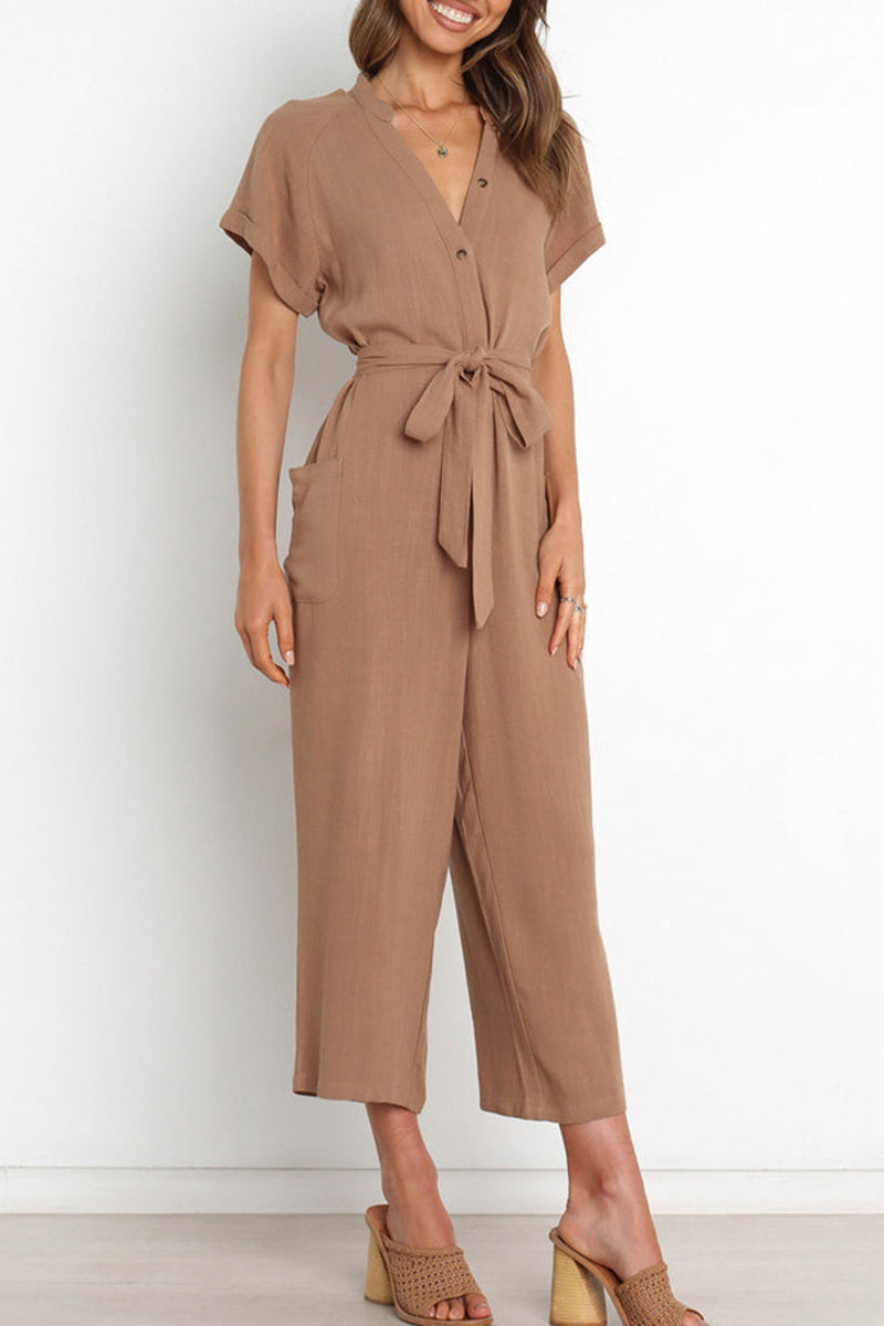 Casual Simplicity Solid Pocket Frenulum V Neck Regular Jumpsuits(3 Colors)