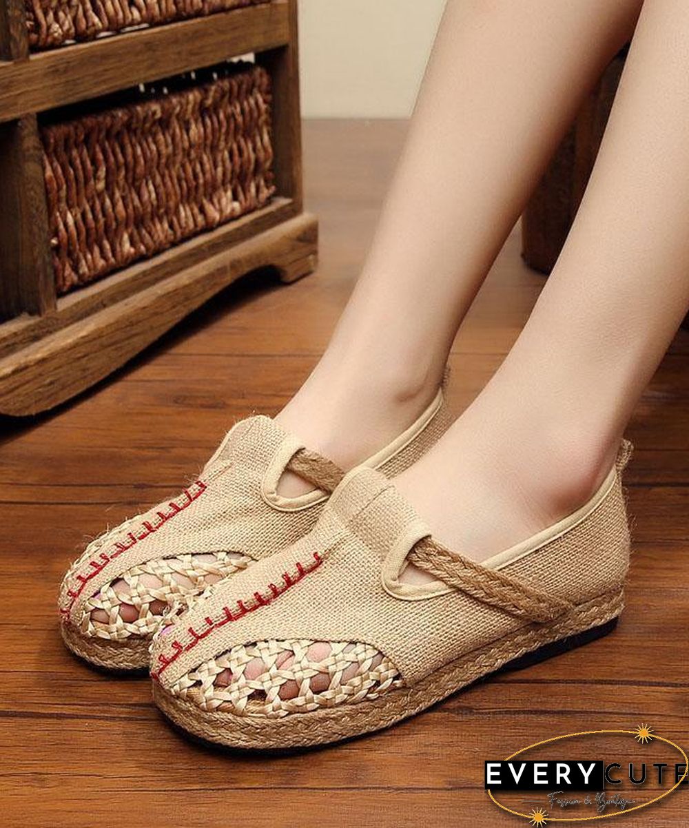 Red Flat Feet Shoes Linen Fabric Casual Hollow Out Flats