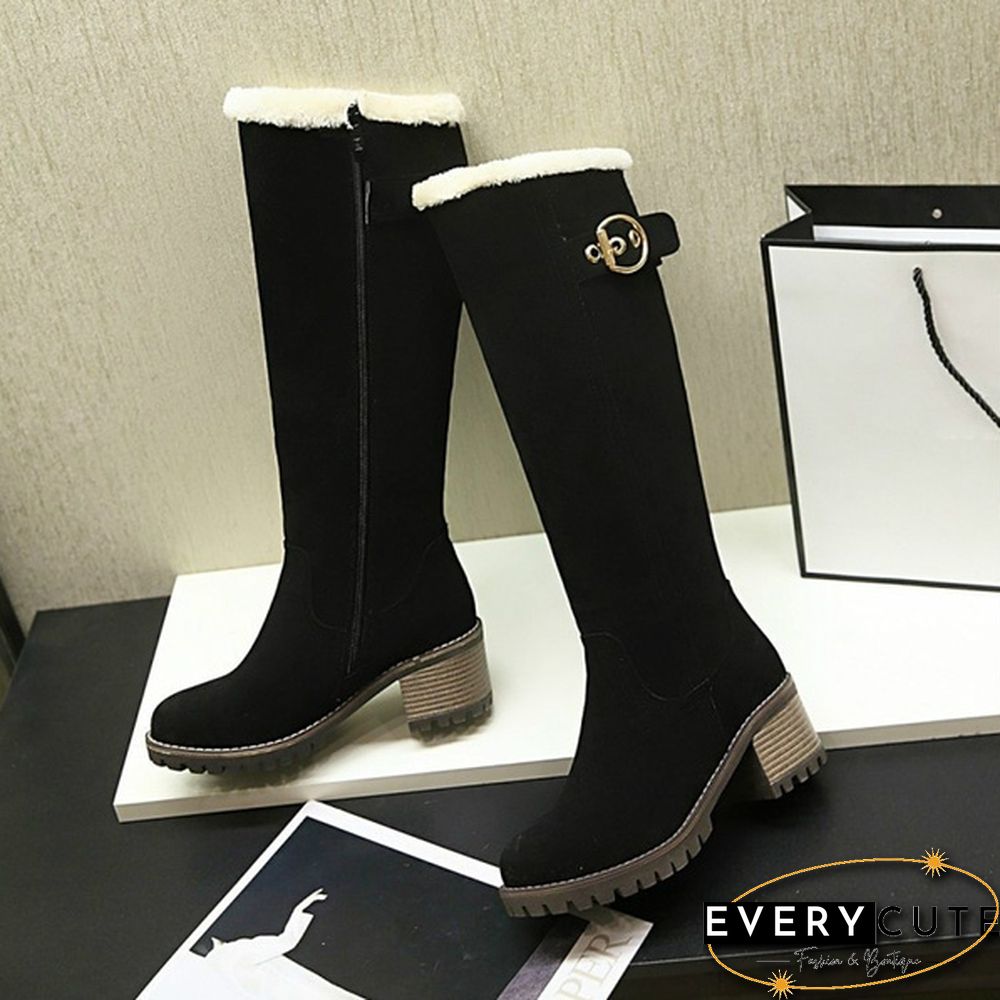 Fashion Women Knee High Snow Boots Warm Fur Nubuck Leather Tall Buckled Boots Winter Waterproof Chunky Heel Long Boots with Zipper