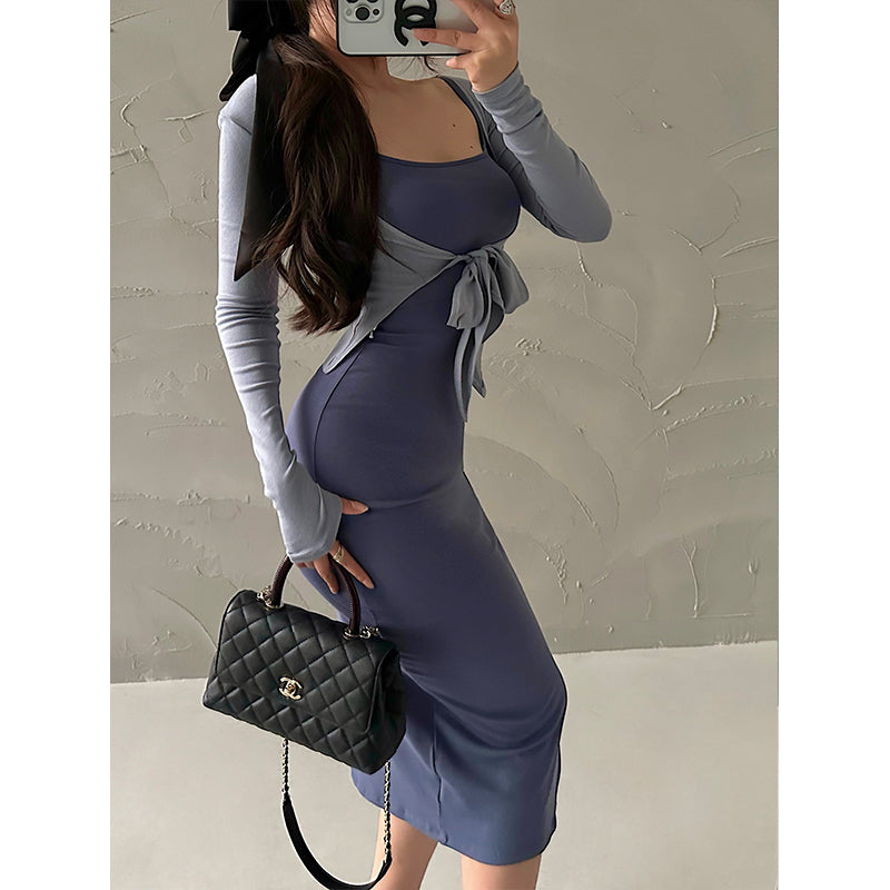 Jaine Solid Color Side Split Slim Long Sleeve Tight Wrap Dress Cardigan Set