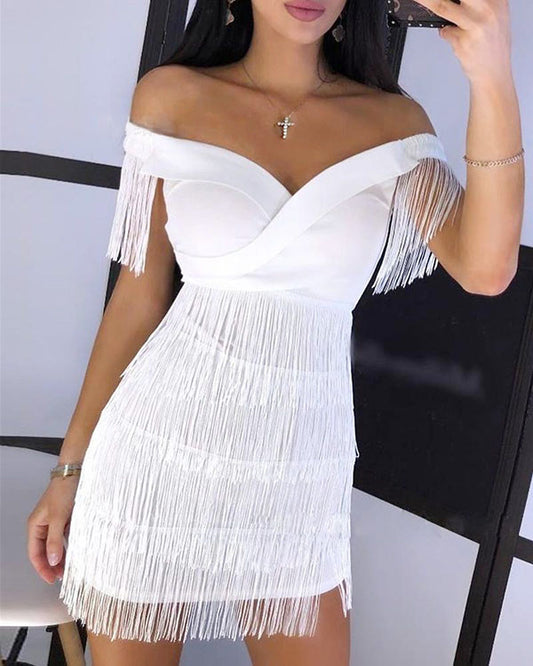 One-Shoulder Fringed Slim Fit Gown Dress