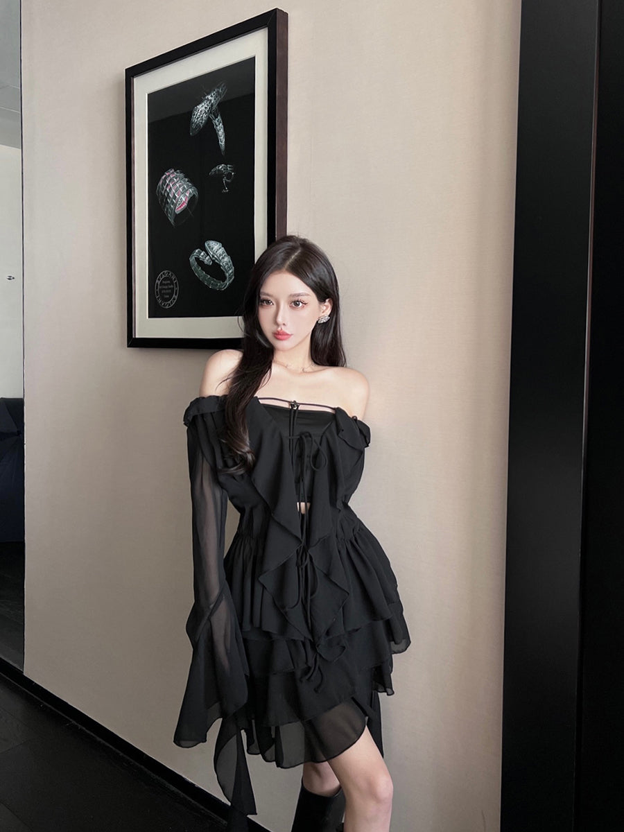 Mimiwu Solid Color Shiffon Bandeau Long Sleeve Cardigan Tassel Dress Set