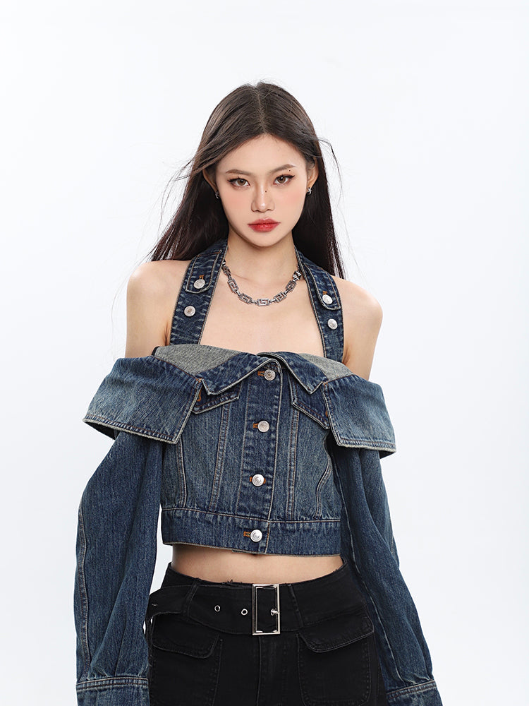 Seanna Denim Blue Spice Neck Off-the-Shoulder Halter Loose Cropped Jacket Top