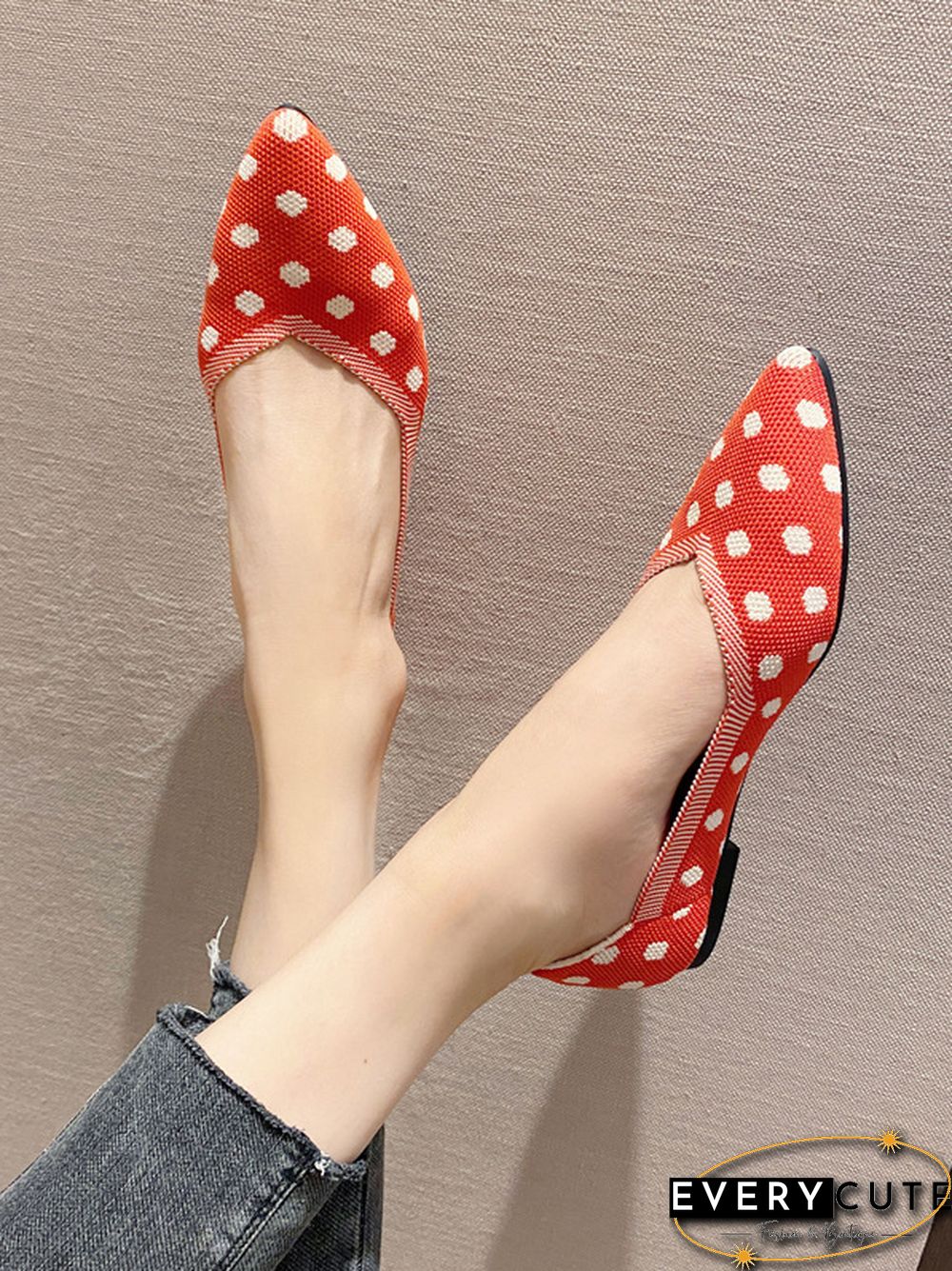 Contrast Color Pointed-Toe Polka-Dot V-Cut Low Heels Flat Shoes