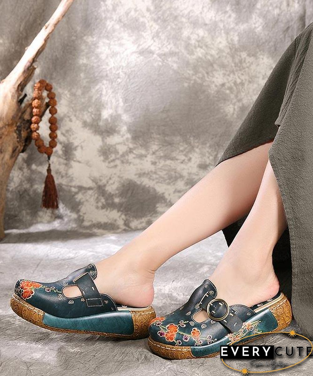 Unique Embossed Platform Slippers Shoes Blue Cowhide Leather