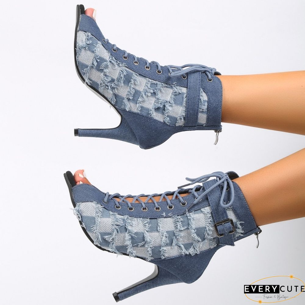 Baby Blue Casual Patchwork Frenulum Zipper Fish Mouth Out Door Shoes (Heel Height 3.15in)