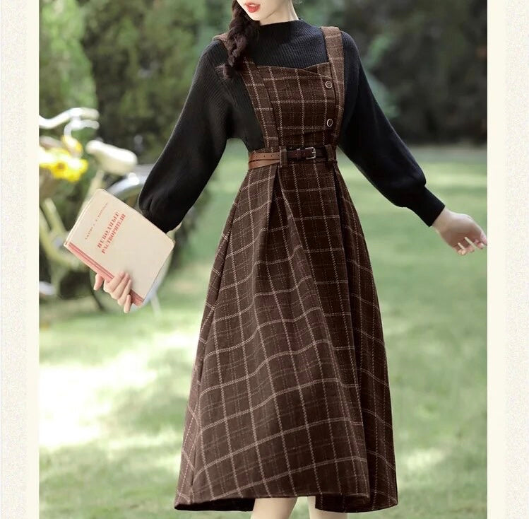 Forest Witch 2-Piece Dark Academia Wool Plaid Dress Set