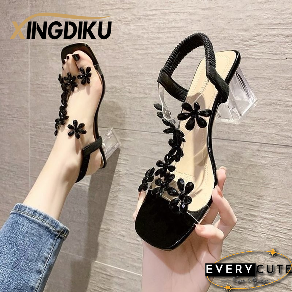 High-heeled Sandals Women's Summer New Style Fashion Small Flower Decoration Buckle Transparent Square Heel Women's Shoes