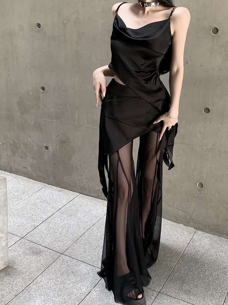 Vienna Solid Color Black Spaghetti Strap Pleated Square Neck Asymmetrical Top + High Waist Patchwork Long Sheer Skirt Pants Matching Set