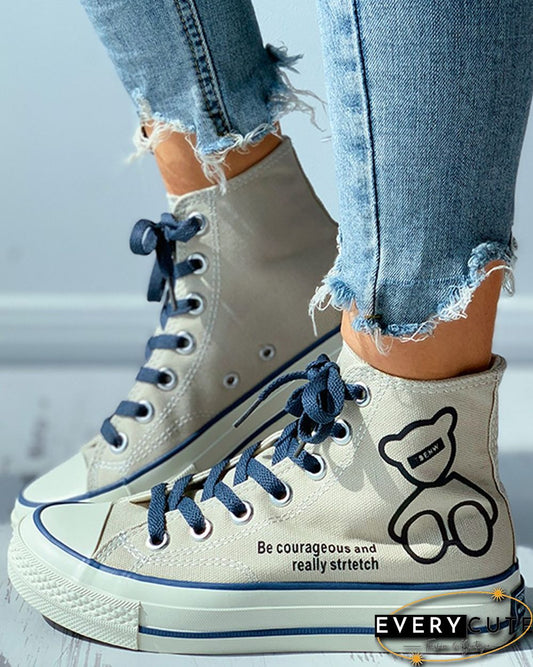 Bear Letter Print Reflective Eyelet Lace-up Canvas Shoes