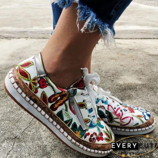 Colorblock printed lace-up flat women casual shoes