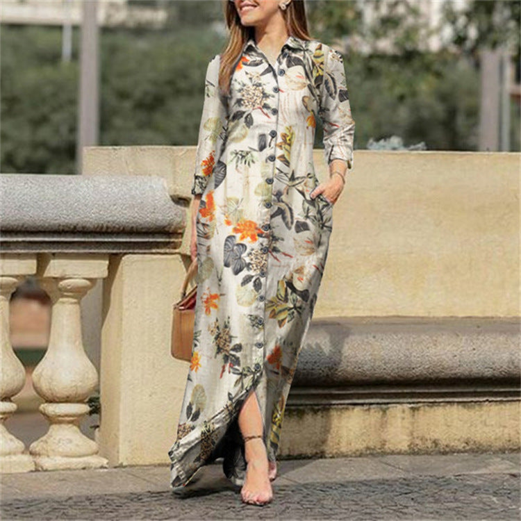 Women's Pleated Shirt Casual Lapel Print Party Maxi Dress