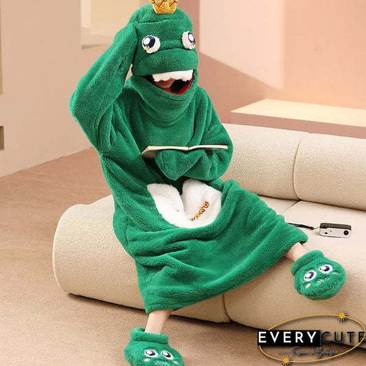 Cartoon Frog Prince Plush Hooded Pajamas Dress With Shoes