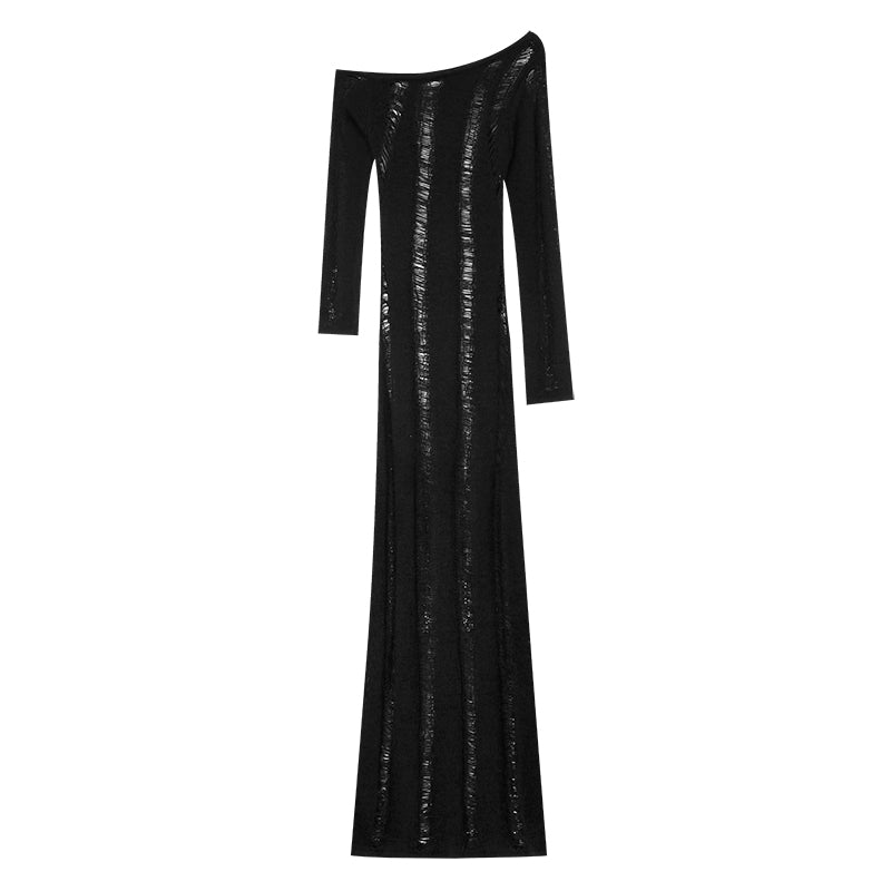 Yerali Solid Color Black Distressed Knitted Long Sleeve Long Sweater Dress Set