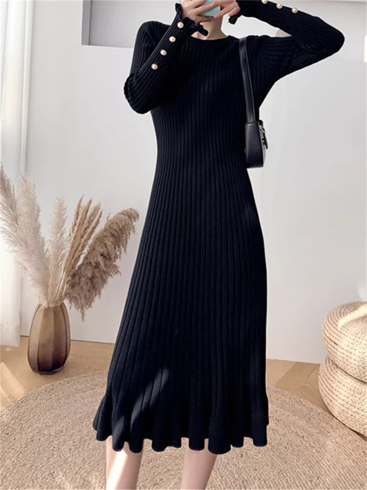 Fashion Sexy Elegant Knit Sweater Dress Slim Flared Midi Dress