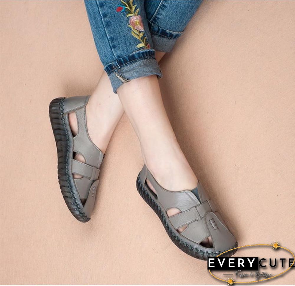 Women Genuine Leather Handmade Sandals Retro Style Mother Flats Shoes