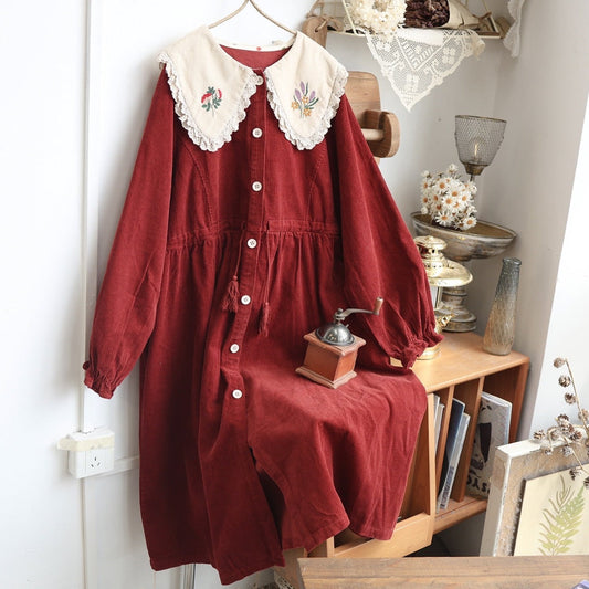 In a Faraway Land Flower Embroidered Corduroy Cottagecore Dress