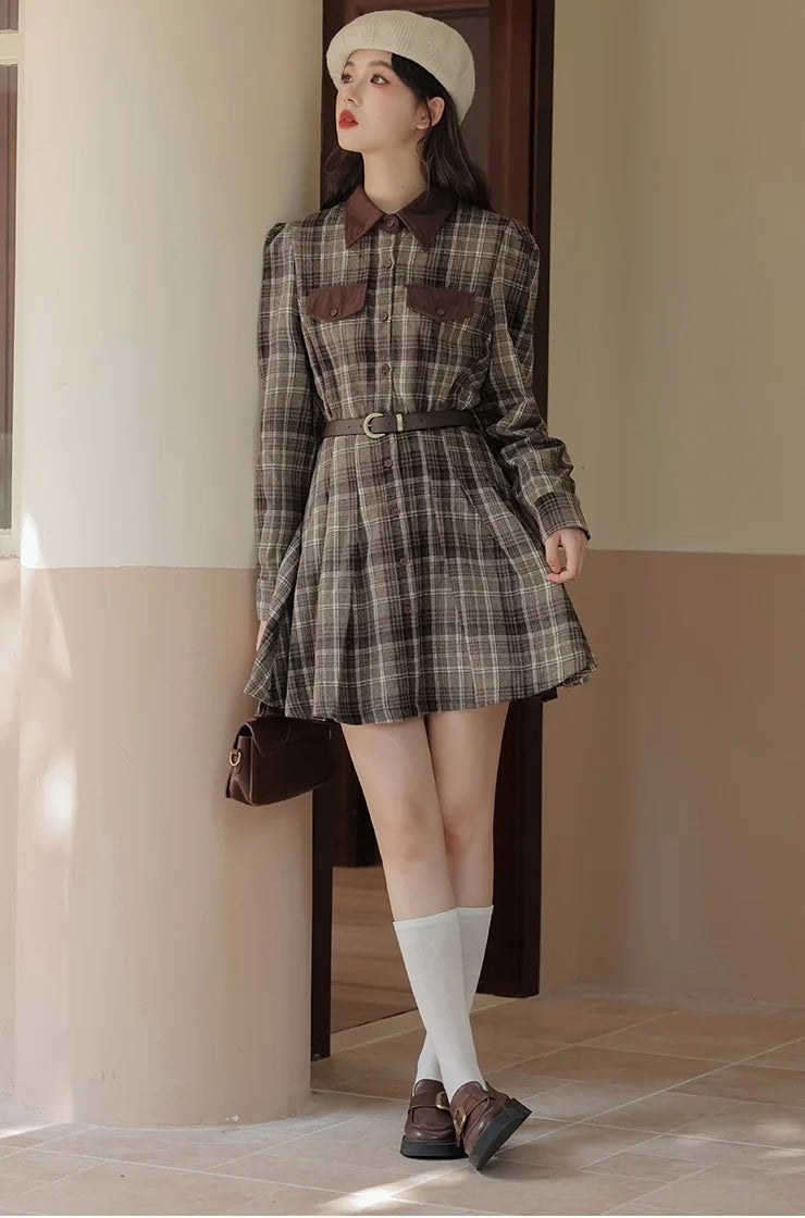 Foggy Skies Plaid Dark Academia Wool Dress