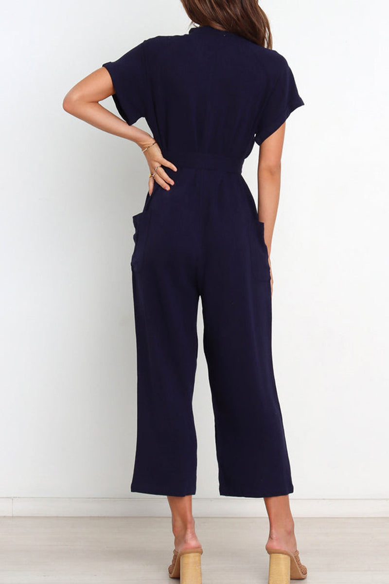 Casual Simplicity Solid Pocket Frenulum V Neck Regular Jumpsuits(3 Colors)