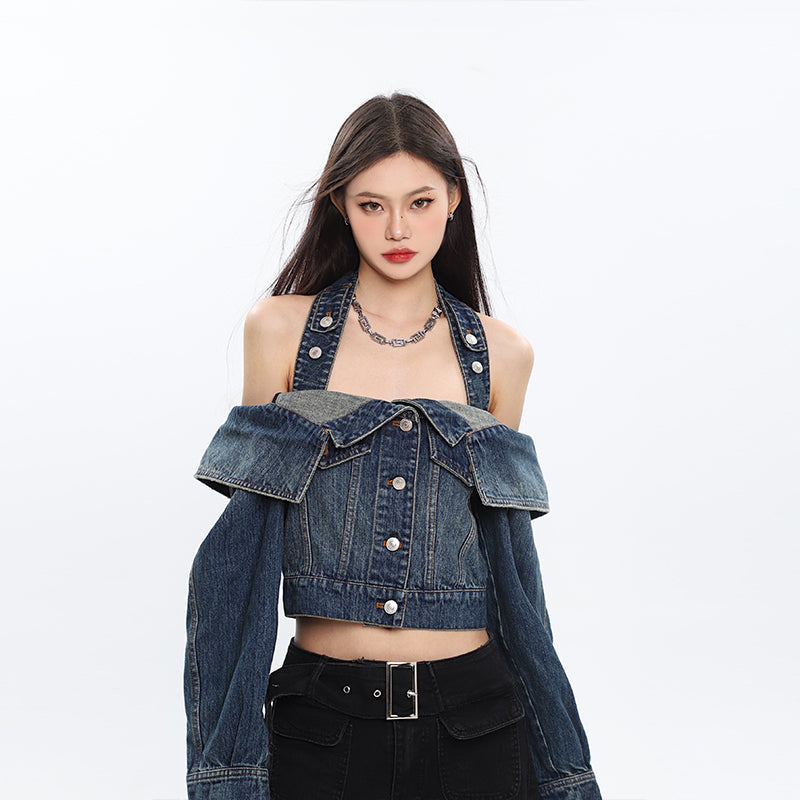 Seanna Denim Blue Spice Neck Off-the-Shoulder Halter Loose Cropped Jacket Top